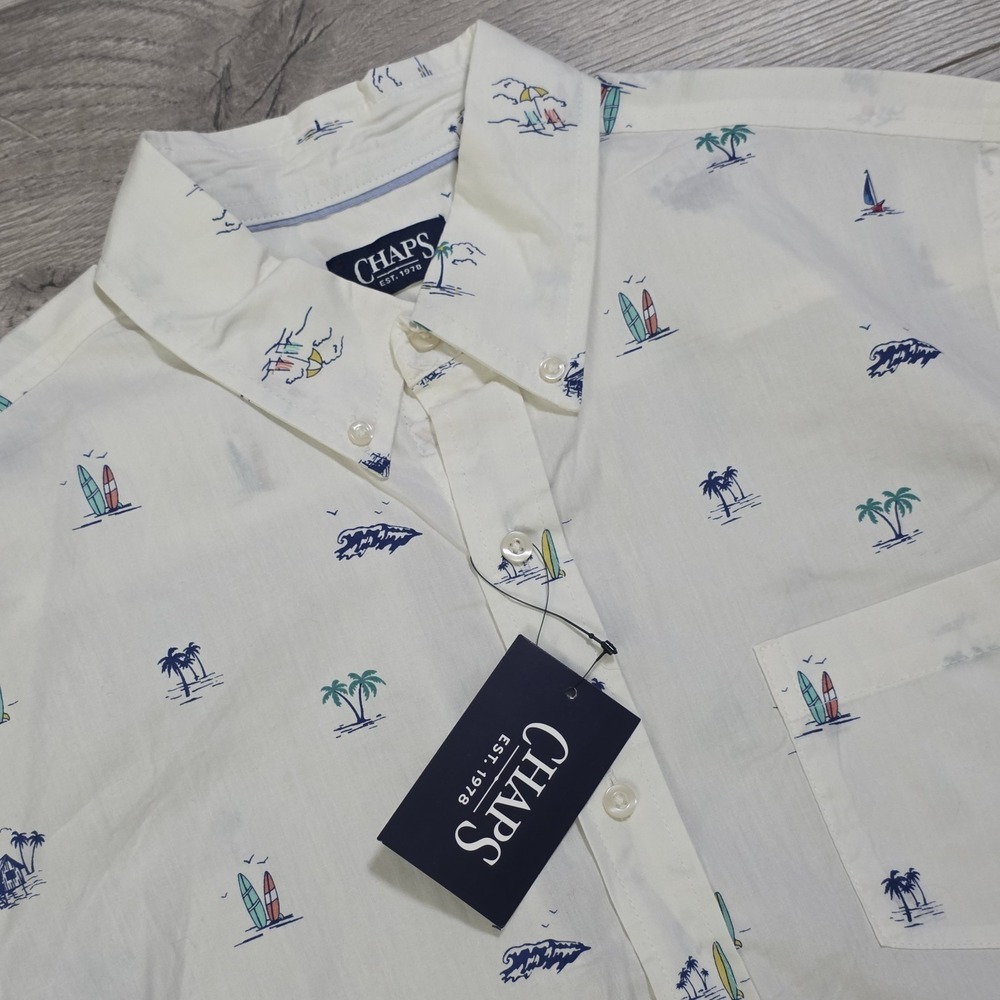 CHAPS Men's L Beach Theme Print Sport Shirt w/Pocket White Size M NWT MSRP $55